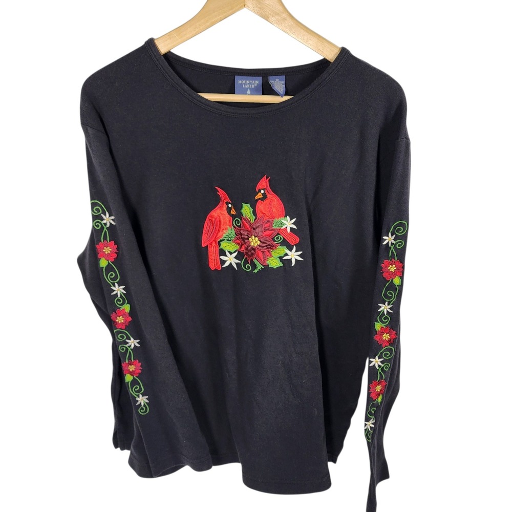 Mountain Lake II Black Cardinal Poinsettia Long Sleeve‎ Shirt Women's 1X